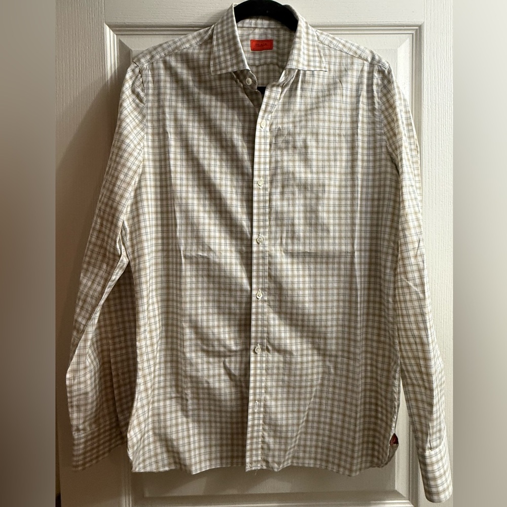 Isaia Made In Italy Men's Beige Check Button-Down Shirt